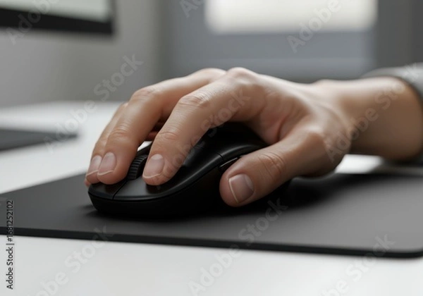 Obraz Close up of a persons hand using a black computer mouse on a mousepad.