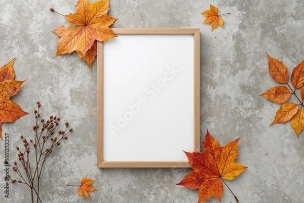 Fototapeta Autumn harvest theme with empty frame and seasonal decor on a grey surface. Flat lay style. Thanksgiving greeting poster mockup.