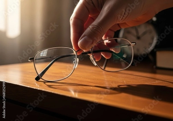 Obraz Hand Picking Up Glasses from Bedside Table with Alarm Clock.