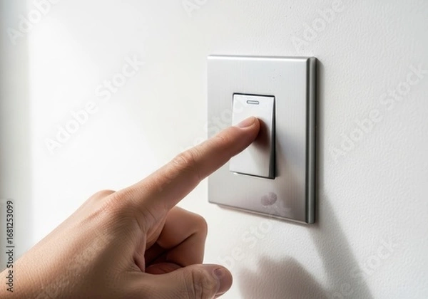 Obraz Hand Pressing a Modern Light Switch on a White Wall.