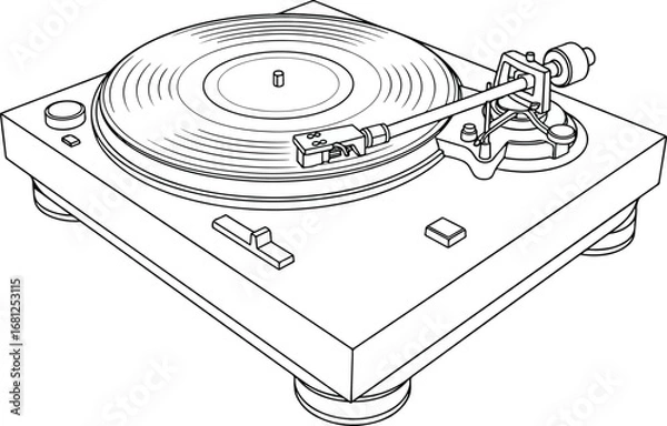 Fototapeta Turntable: A clean line art illustration of a turntable or record player, in a simple, minimalist, and isometric style.