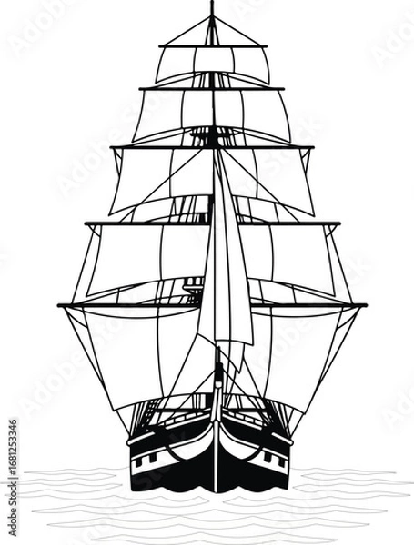 Fototapeta Ship: A detailed illustration of a majestic sailing ship at sea, with full sails, in a classic, hand-drawn sketch style.