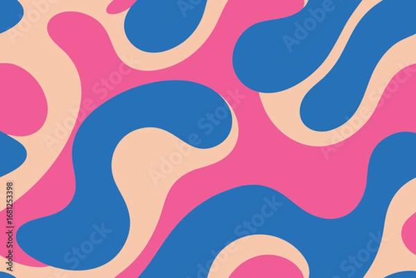 Fototapeta Abstract Retro Wavy Pattern in Blue, Pink, and Beige Color Scheme, Seamless Design