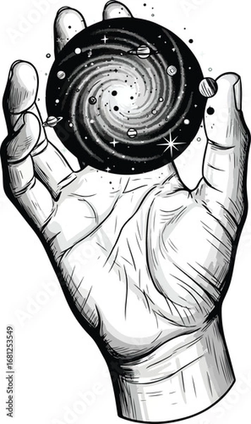 Fototapeta Space: A detailed line art illustration of a human hand holding a swirling galaxy, representing cosmic power and a creative imagination.