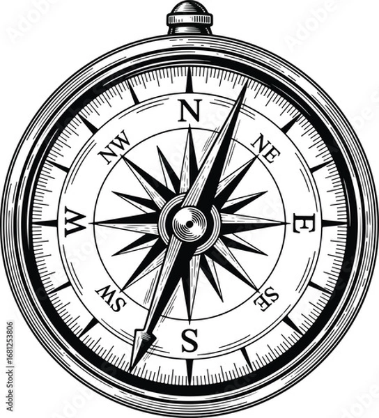 Fototapeta Compass: A highly detailed line art illustration of a vintage nautical compass, with intricate markings and a star-like center.