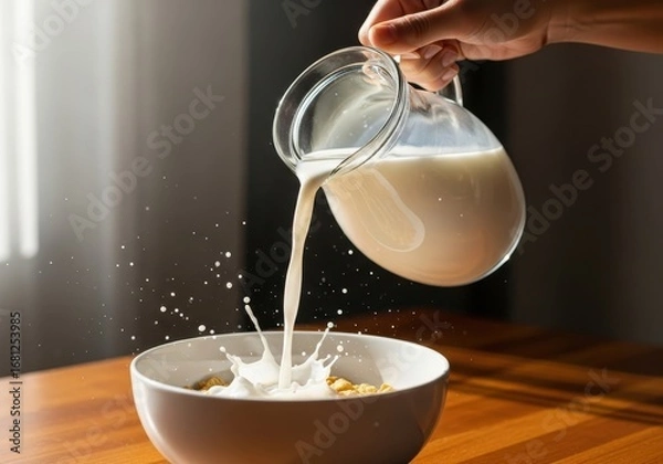 Obraz Milk Pouring Over Cereal in a Bowl.