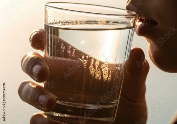 Obraz Person drinking a refreshing glass of pure water in the morning sunlight.