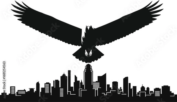Fototapeta Eagle: A powerful black silhouette of a bald eagle in flight over a city skyline, symbolizing urban power and freedom.