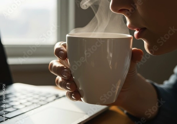 Obraz Person sipping a hot steaming beverage from a white mug while working on a laptop by a window.