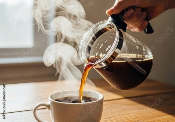 Obraz Pouring hot steaming coffee from a glass pot into a white mug in the morning light.