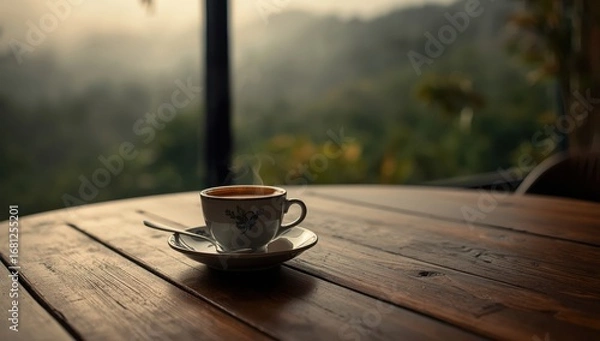 Fototapeta Steaming Colombian tinto coffee served rustic café table overlooking misty plantations