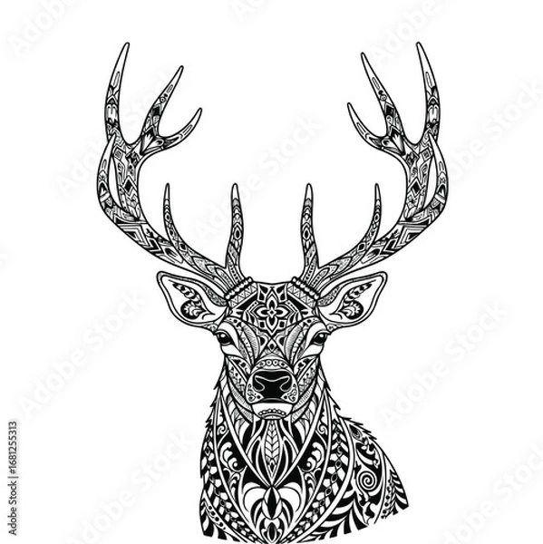 Fototapeta Deer: A highly detailed line art illustration of a deer's head with intricate, mandala-like patterns on its body and antlers.