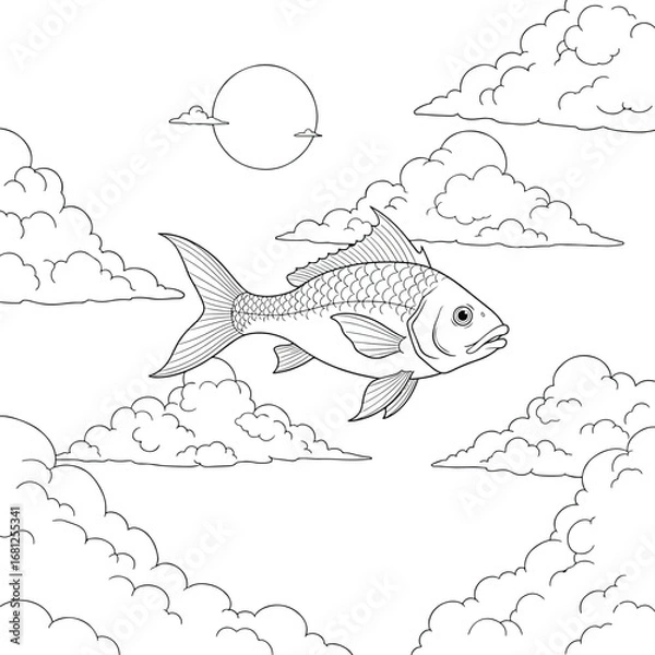 Fototapeta Fish: A surreal line art illustration of a flying fish in the sky, among clouds and the sun, symbolizing dreams and fantasy.