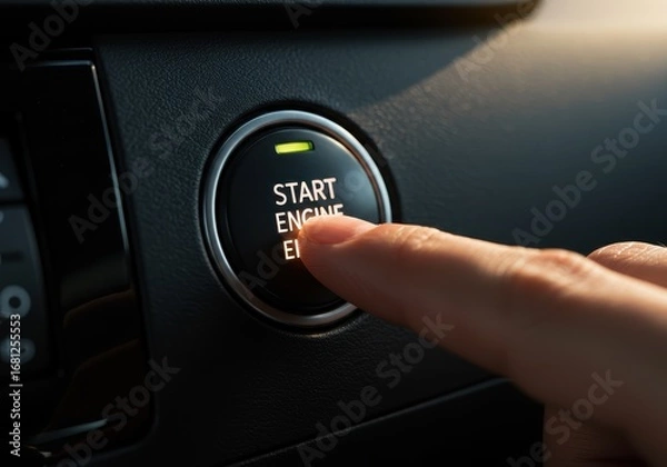 Obraz Starting the Engine - Finger Pressing Car Ignition Button.