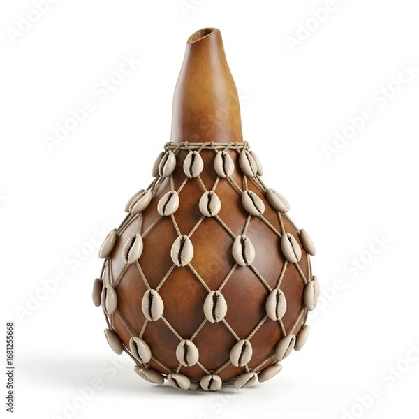 Fototapeta Authentic shekere, a unique African musical instrument crafted from a dried calabash and embellished with a decorative shell net, symbolizing rhythm and heritage