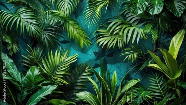 Fototapeta Exotic botanical backdrop showcasing dense green plants and abstract leaves with creative copy area