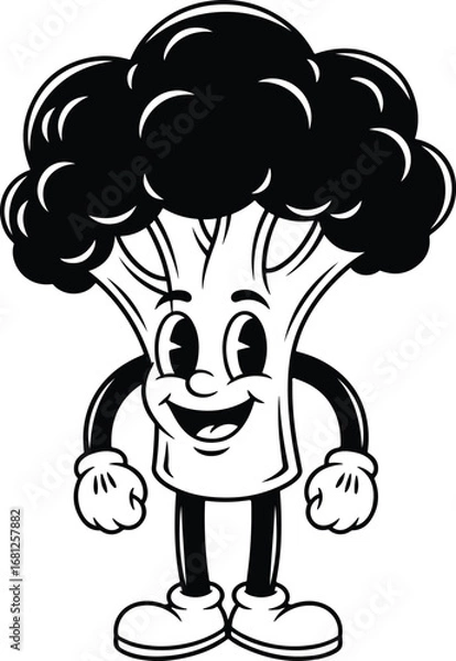 Fototapeta Broccoli: A fun cartoon illustration of a happy broccoli character, in a classic retro animation style.