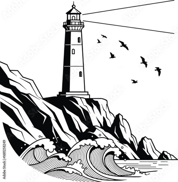Fototapeta Lighthouse: A simple black and white illustration of a lighthouse on a rocky cliff with crashing waves and flying birds.