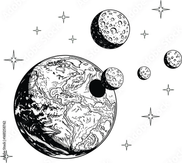 Fototapeta Space: A surreal illustration of a planet and multiple moons, floating in space among stars, creating a cosmic and imaginative concept.