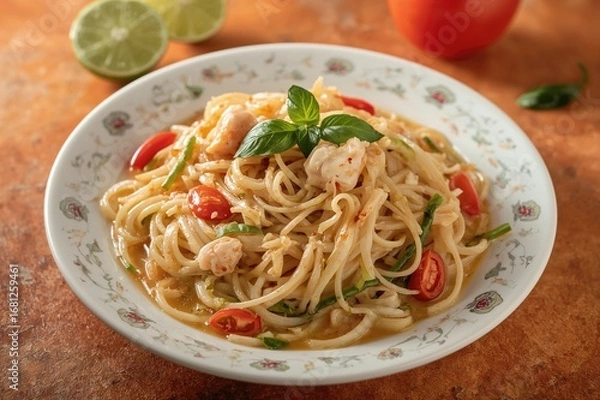 Fototapeta Zesty papaya and rice noodle salad paired with salted crab, lime, and chili