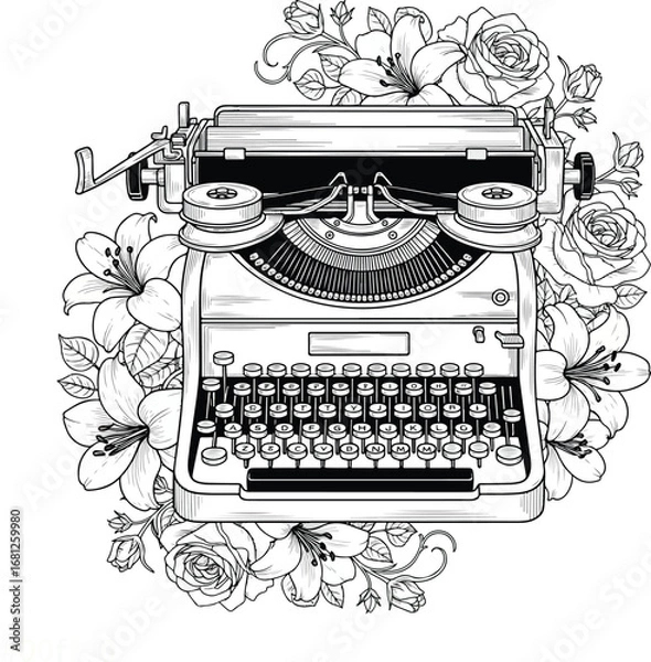 Fototapeta Typewriter: A detailed line art illustration of a vintage typewriter surrounded by roses and lilies, combining a classic machine with beautiful floral elements.