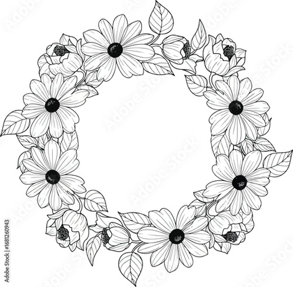Fototapeta Floral Wreath: A highly detailed line art illustration of a circular wreath of daisy-like flowers and leaves, in a clean, elegant style.