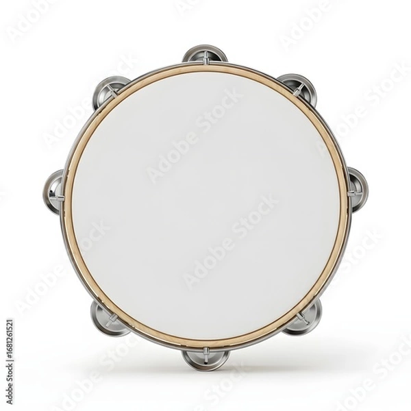 Fototapeta A Close-up Overhead View of a Tambourine with a White Surface and Silver Jingles, Isolated on a White Background