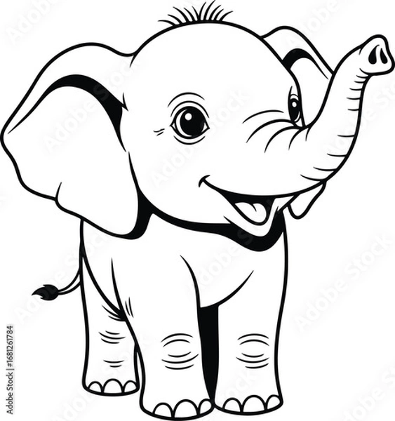 Fototapeta Elephant: A simple line art illustration of a cute baby elephant with large ears and a happy, friendly expression.