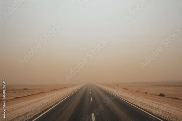 Fototapeta Desert Highway Shrouded by Blowing Sand in Midwinter
