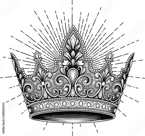 Fototapeta Crown: A highly detailed line art illustration of a majestic crown, with intricate patterns, jewels, and a radiant sunburst behind it.