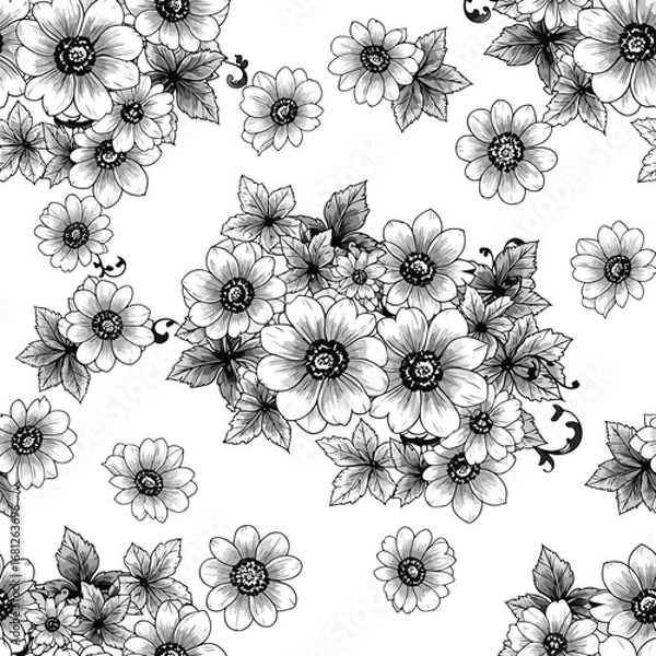 Fototapeta Flowers: A seamless floral pattern of various daisy-like flowers and leaves, in a detailed, black and white botanical style.