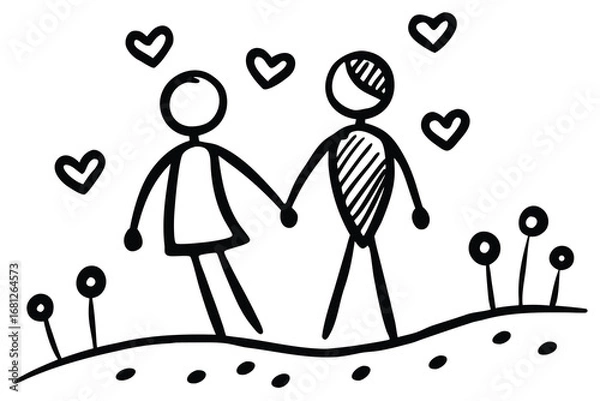 Fototapeta Simple Line Art of Couple Holding Hands with Hearts and Flowers Illustration