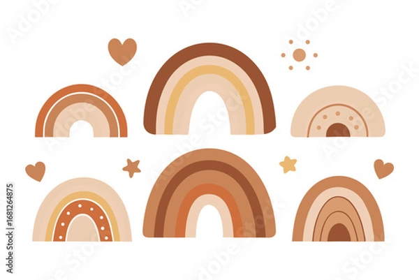 Obraz Six EarthToned Rainbow Illustrations with Hearts and Stars on a White Background