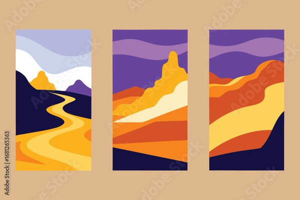 Fototapeta Three Abstract Landscape Art Pieces Featuring Mountains, Rivers, and Colorful Skies in a Style