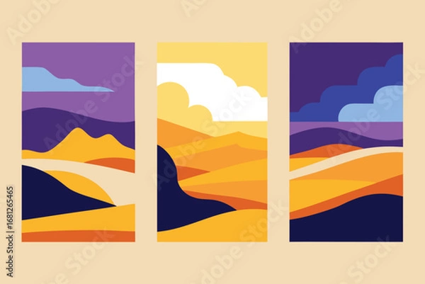 Fototapeta Three Abstract Minimalist Landscape Illustrations Featuring Mountains, Hills, and Clouds in Yellow, Orange, Blue, and Purple Tones
