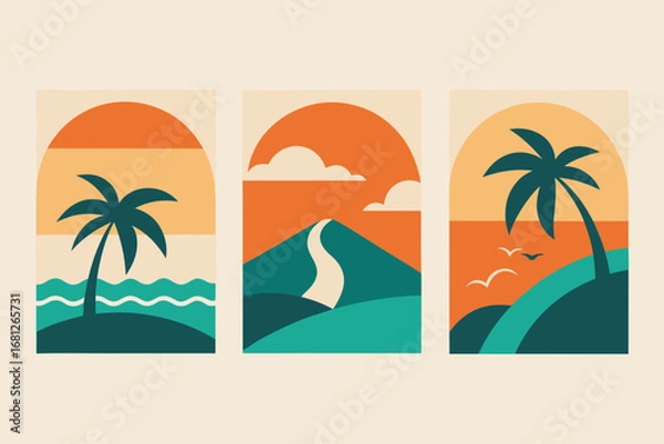Fototapeta Three Framed Abstract Tropical Landscapes with Palm Trees, Mountains, and Birds in Warm Tones
