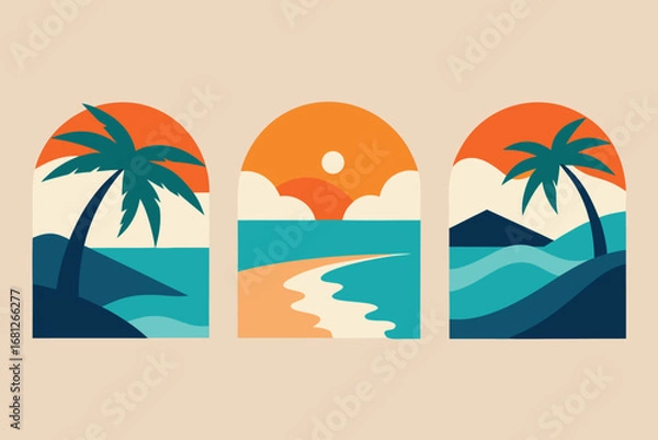 Fototapeta Tropical Beach in Arches with Palm Trees and Sunset Illustration