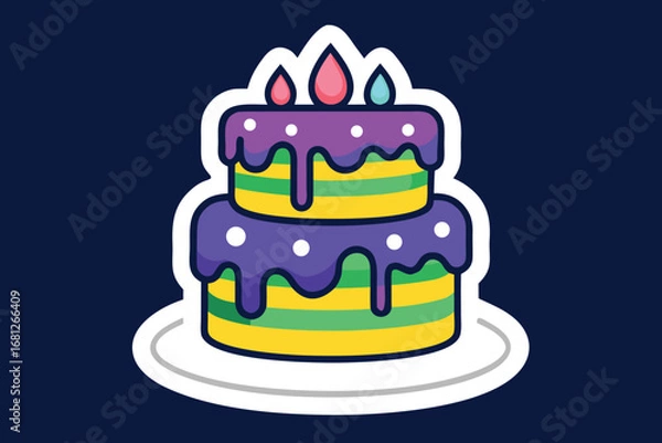 Fototapeta TwoTiered Cake with Colorful Layers, Purple Icing, and Candles Illustration on Plate