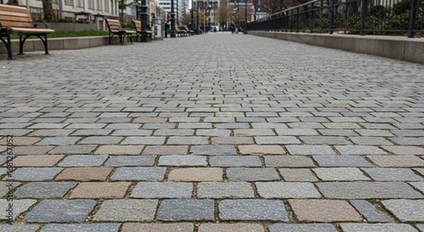 Fototapeta Walkway cobblestones leading to city buildings with benches and lamps, inviting urban exploration