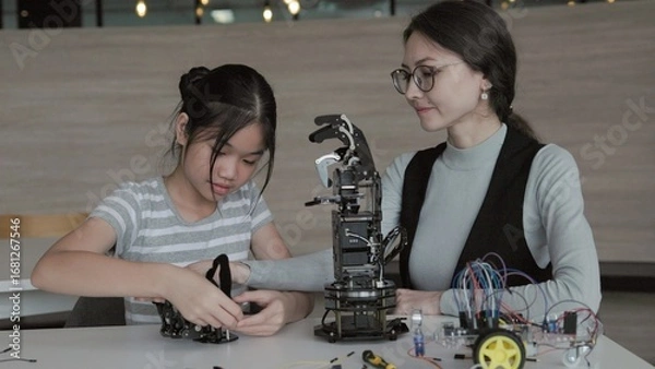 Fototapeta student learning about controlling robot with hands in robotics engineering class	
