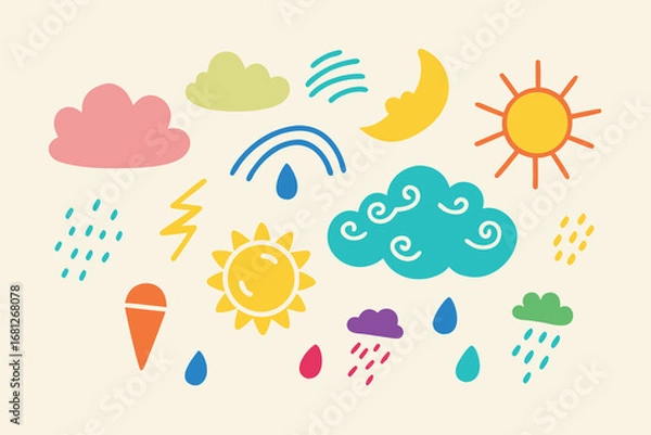 Fototapeta Whimsical Weather Icons Clouds, Sun, Moon, Rainbow, Rain, Lightning, and Ice Cream Cone Doodles