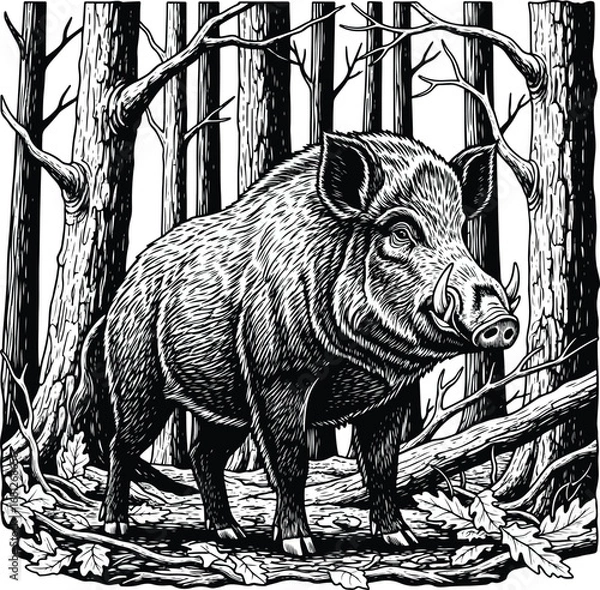 Fototapeta Boar: A highly detailed line art illustration of a wild boar standing in a dense forest, in a realistic, hand-drawn sketch style.