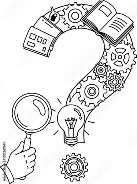 Fototapeta Question: A conceptual line art illustration of a question mark made of gears, books, and a lightbulb, symbolizing creativity, knowledge, and problem-solving.