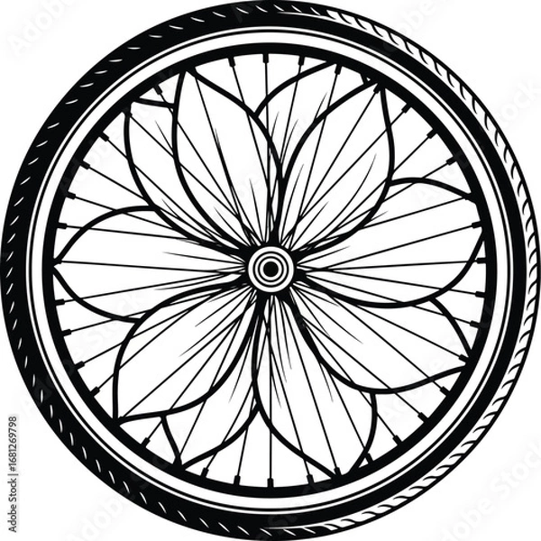 Fototapeta Bicycle Wheel: A stylized line art illustration of a bicycle wheel with a flower in the center, representing nature, cycling, and elegance.