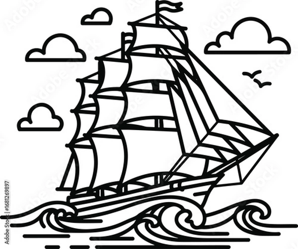 Fototapeta Ship: A simple line art illustration of a majestic sailing ship on a wavy sea with clouds and birds, in a clean, graphic style.