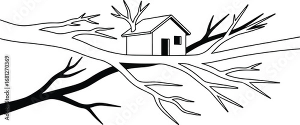 Fototapeta House: A surreal line art illustration of a house sitting on a floating tree branch, symbolizing fantasy, dreams, and home.