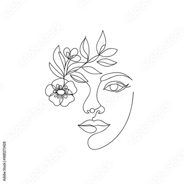 Fototapeta Continuous line drawing woman face with flower and leaves