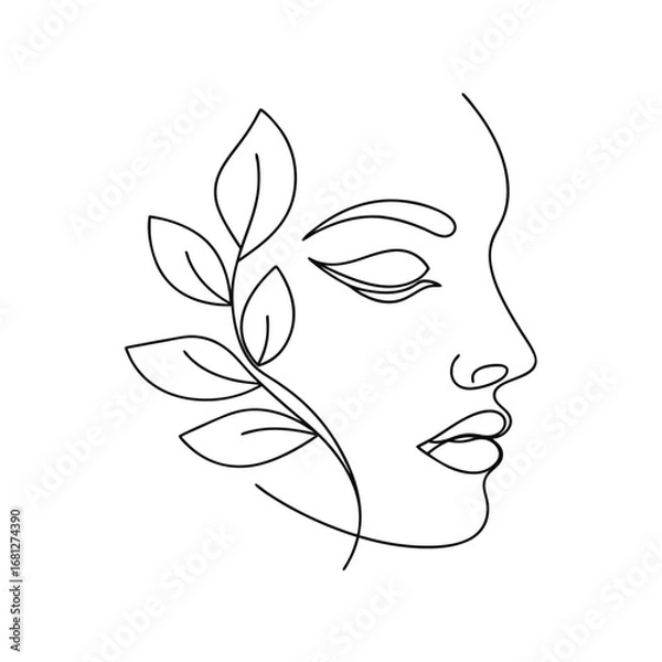 Fototapeta Elegant face profile with leaves abstract black and white