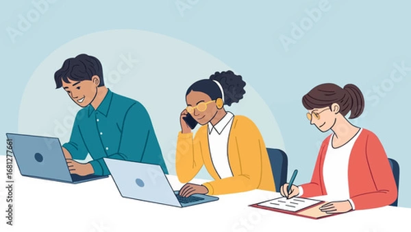 Fototapeta Diverse team of professionals working productively on laptops and taking notes. Ideal for business, collaboration, or office lifestyle concepts.