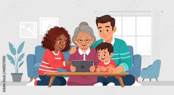 Obraz Multi-generational family happily uses a tablet together in a bright living room, fostering connection and learning. Ideal for lifestyle, technology, and family bonding concepts.